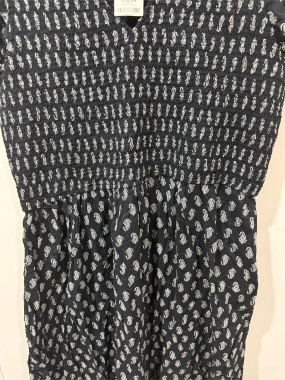 LÉA Smocked Midi Dress 2X Black White Print NWT Ruffle Sleeve Boho - Picture 4 of 10